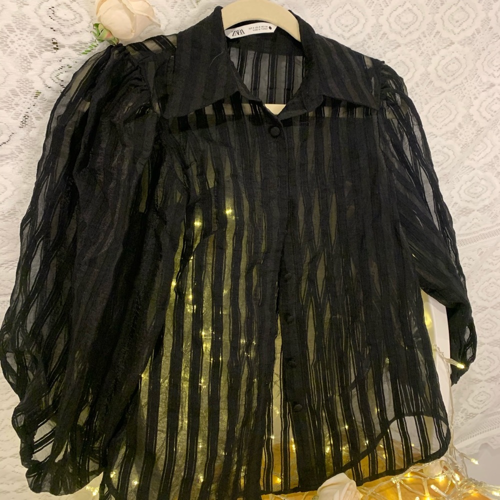 Zara sheer striped puffy sleeve blouse